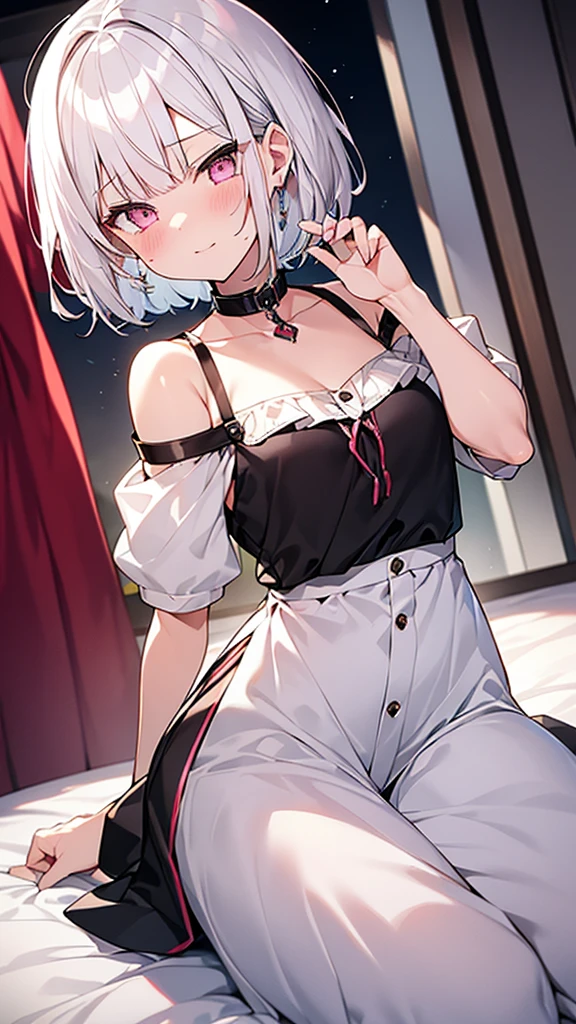 White Hair Girl、Pink Eyes、Short Hair、Only one girl、Night、In the bedroom、Blushing、laughing
