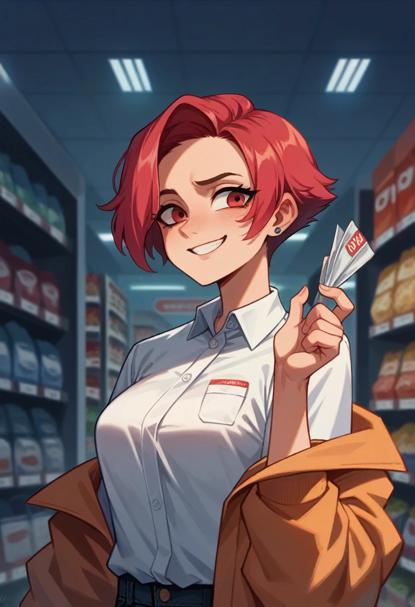 Crimson hair, short hair, tomboy, female, meek, shy, b cups, white polo tucked into black jeans, small smile, convenience store, convenience store worker, distant view

Important directions: copy image hair, copy image body, use prompt clothing, adult