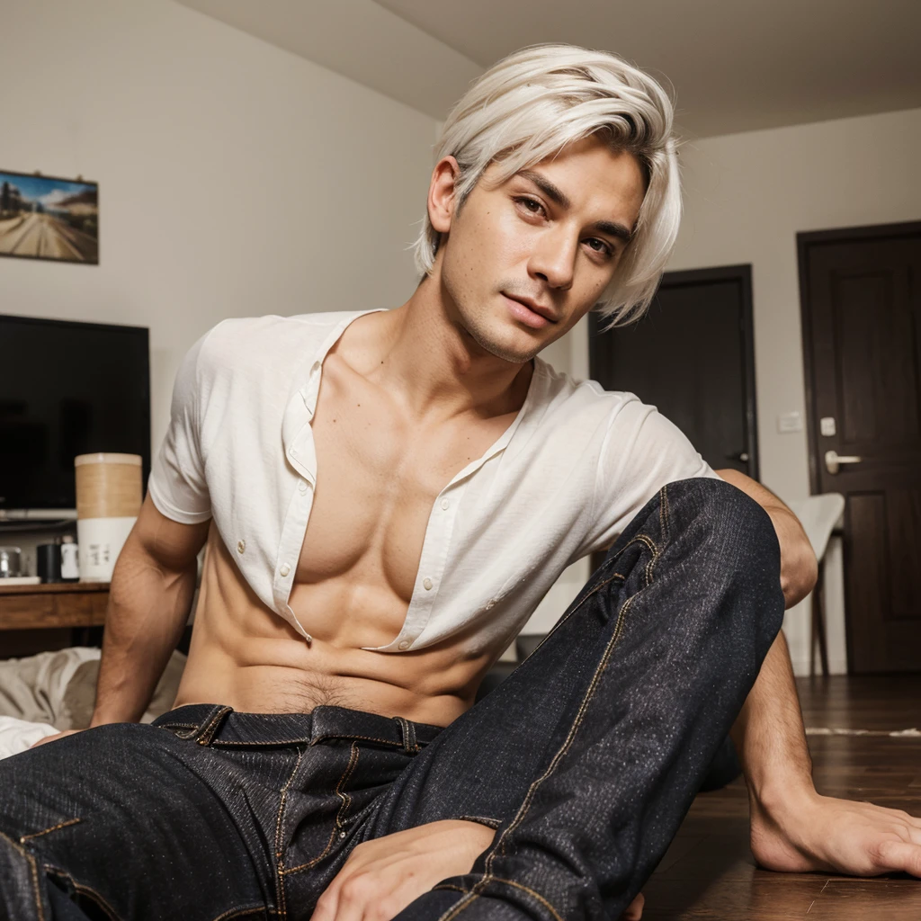 ((best quality)), ((Masterpiece)), ((realistic)), ((best quality)), ((Masterpiece)), ((realistic)), (Handsome man wearing black jeans and has messy white hair Slightly blown along the face 1.4) (Facial pain 1.5) (Sitting in the corner of room 1.4) (Open your eyes 1.3) (Show upper body 1.5), Sexซี่, Flashy, Sex, dick, masturbate, Deadly face