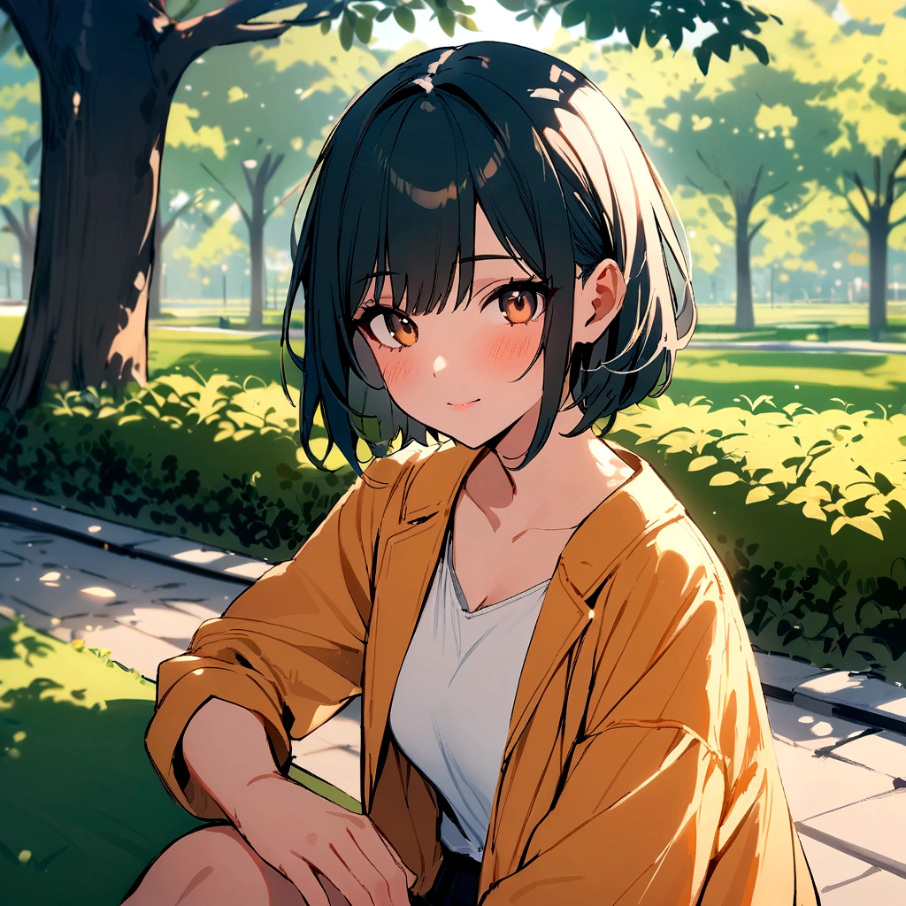 High res, masterpiece, 1girl, short hair  , sit in park ,wearing 