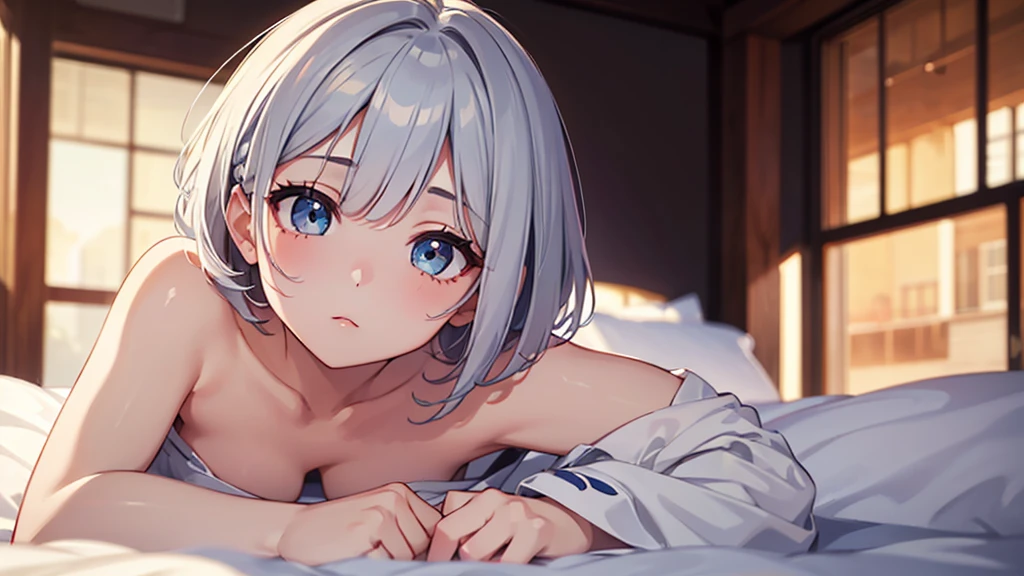 Ultra-high resolution,masterpiece, Attention to detail, Highest quality, 4K,(Silver braided short bob),(heavy chest,Captivating body、Ultra-detailed skin、Beautiful eyes、Detailed Background),1 girl、(lie face down, sleeping)、bed