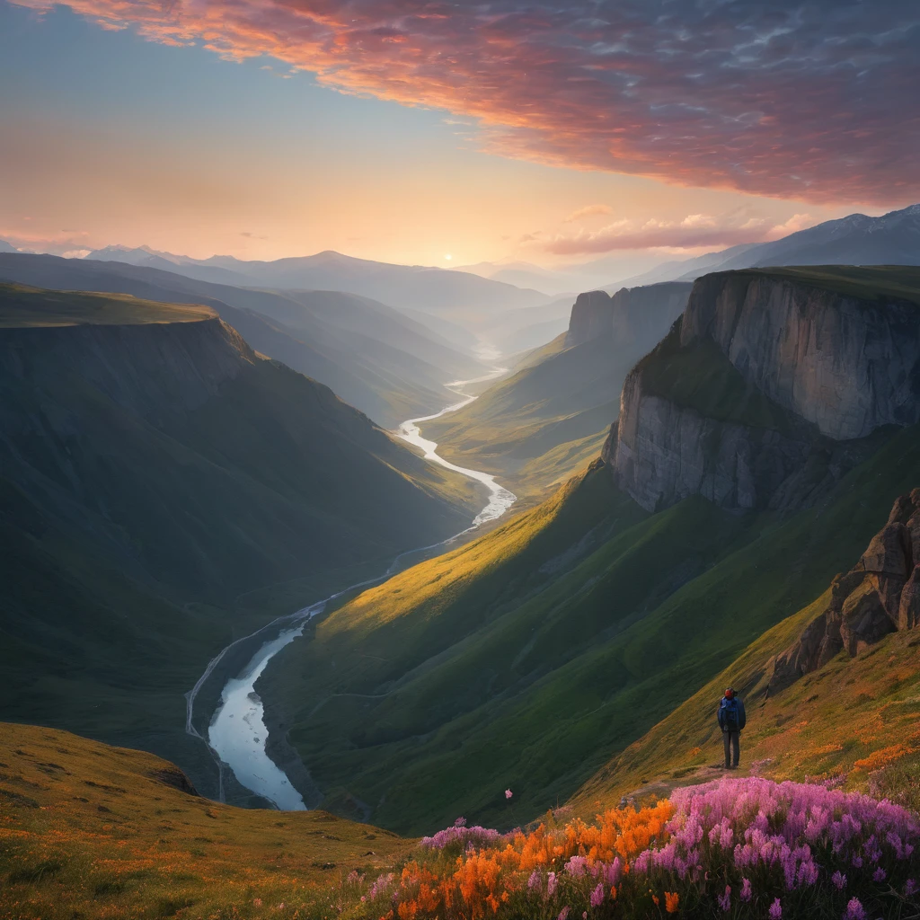 Create an incredibly amazing and fantastical image titled "Award Winning Photograph." Imagine a dramatic, awe-inspiring landscape where nature and human achievement converge. The scene is set during the golden hour, with the warm light of the setting sun casting long shadows and highlighting the intricate details of the environment.

In the foreground, a solitary figure stands on the edge of a breathtaking cliff, overlooking a vast, pristine valley below. The figure is captured in a moment of contemplation, their silhouette sharply defined against the vibrant hues of the sky. They are dressed in rugged outdoor gear, symbolizing a journey or an exploration.

The cliff itself is adorned with wildflowers and grasses, their delicate details rendered with award-winning clarity. Below, the valley is a mosaic of rich, natural elements—rolling hills covered in dense forests, a winding river that glimmers in the sunlight, and distant mountains shrouded in a soft mist.

The sky is a masterpiece of colors, transitioning from deep blues to fiery oranges and soft pinks, with wisps of clouds adding texture and depth. Birds are seen soaring high above, adding a sense of freedom and vastness to the scene.

In the background, a range of snow-capped mountains stands majestically, their peaks catching the last rays of the sun. The contrast between the rugged, raw beauty of the mountains and the serene, tranquil valley below creates a powerful visual impact.

The entire composition should be meticulously detailed, with every element—from the textures of the rocks and plants to the subtle gradients in the sky—captured with precision. The color palette should be rich and harmonious, enhancing the natural beauty and emotional depth of the scene.