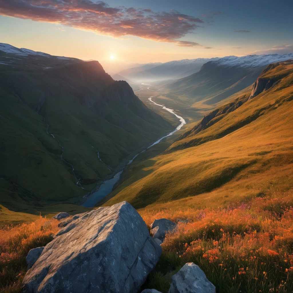 Create an incredibly amazing and fantastical image titled "Award Winning Photograph." Imagine a dramatic, awe-inspiring landscape where nature and human achievement converge. The scene is set during the golden hour, with the warm light of the setting sun casting long shadows and highlighting the intricate details of the environment.
In the foreground, a solitary figure stands on the edge of a breathtaking cliff, overlooking a vast, pristine valley below. The figure is captured in a moment of contemplation, their silhouette sharply defined against the vibrant hues of the sky. They are dressed in rugged outdoor gear, symbolizing a journey or an exploration.
The cliff itself is adorned with wildflowers and grasses, their delicate details rendered with award-winning clarity. Below, the valley is a mosaic of rich, natural elements—rolling hills covered in dense forests, a winding river that glimmers in the sunlight, and distant mountains shrouded in a soft mist.
The sky is a masterpiece of colors, transitioning from deep blues to fiery oranges and soft pinks, with wisps of clouds adding texture and depth. Birds are seen soaring high above, adding a sense of freedom and vastness to the scene.
In the background, a range of snow-capped mountains stands majestically, their peaks catching the last rays of the sun. The contrast between the rugged, raw beauty of the mountains and the serene, tranquil valley below creates a powerful visual impact.
The entire composition should be meticulously detailed, with every element—from the textures of the rocks and plants to the subtle gradients in the sky—captured with precision. The color palette should be rich and harmonious, enhancing the natural beauty and emotional depth of the scene.