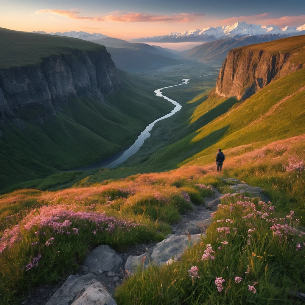 Create an incredibly amazing and fantastical image titled "Award Winning Photograph." Imagine a dramatic, awe-inspiring landscape where nature and human achievement converge. The scene is set during the golden hour, with the warm light of the setting sun casting long shadows and highlighting the intricate details of the environment.
In the foreground, a solitary figure stands on the edge of a breathtaking cliff, overlooking a vast, pristine valley below. The figure is captured in a moment of contemplation, their silhouette sharply defined against the vibrant hues of the sky. They are dressed in rugged outdoor gear, symbolizing a journey or an exploration.
The cliff itself is adorned with wildflowers and grasses, their delicate details rendered with award-winning clarity. Below, the valley is a mosaic of rich, natural elements—rolling hills covered in dense forests, a winding river that glimmers in the sunlight, and distant mountains shrouded in a soft mist.
The sky is a masterpiece of colors, transitioning from deep blues to fiery oranges and soft pinks, with wisps of clouds adding texture and depth. Birds are seen soaring high above, adding a sense of freedom and vastness to the scene.
In the background, a range of snow-capped mountains stands majestically, their peaks catching the last rays of the sun. The contrast between the rugged, raw beauty of the mountains and the serene, tranquil valley below creates a powerful visual impact.
The entire composition should be meticulously detailed, with every element—from the textures of the rocks and plants to the subtle gradients in the sky—captured with precision. The color palette should be rich and harmonious, enhancing the natural beauty and emotional depth of the scene.