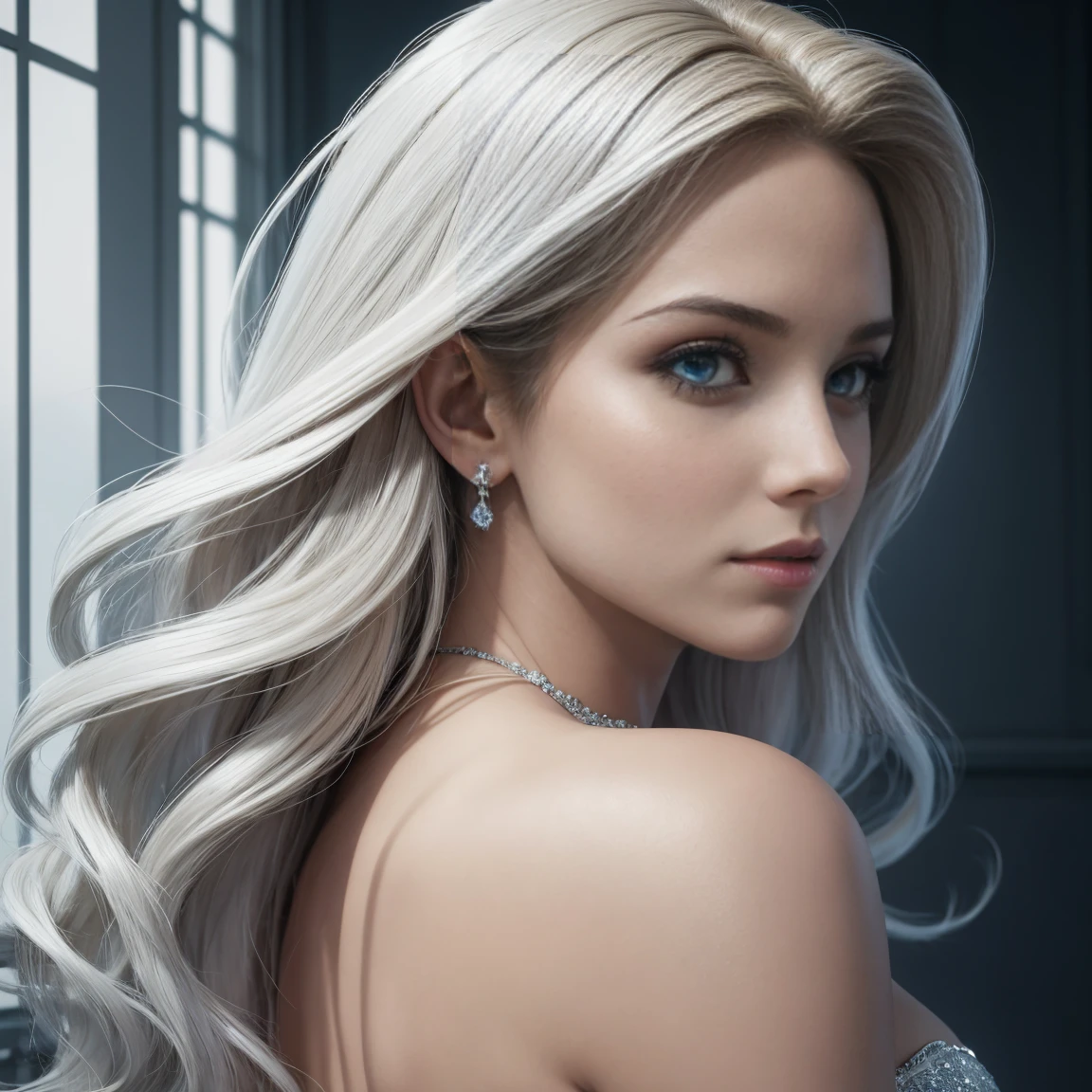 sexy Emma Frost dos X-Men,Artistic image of a woman, peituda, Lindos Seios Grandes, por artgerm, illustration,high resolution,ultra-detalhado,realista:1.37,[atitude feroz],lindos olhos detalhados,beautiful detailed lips,[Cabelo loiro platinado comprido],espartilho branco justo com desenhos complexos,figura de ampulheta perfeita,[botas brancas de cano alto],[enfeites de cristais e diamantes],Maquiagem para olhos escuros,[pose confiante],paleta de cores azul gelado fosco,[Soft diffused lighting],tema sutil de inverno,efeito de diamantes brilhantes no fundo, Rear view, mostrar bunda, danadinho, Rosto perfeito, Olhos azuis brilhantes, olhando para o espectador,heroic pose, foreshortening, profundidade, poses variadas