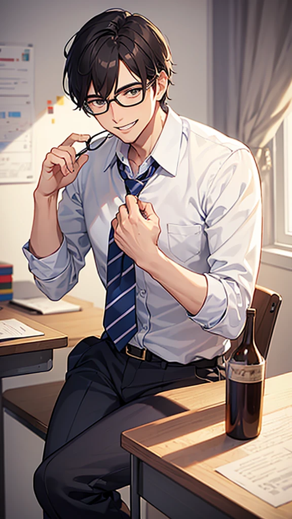male, teacher, wearing glasses,sick smile