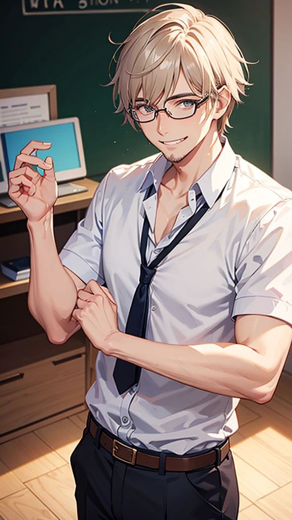 male, teacher, wearing glasses,sick smile