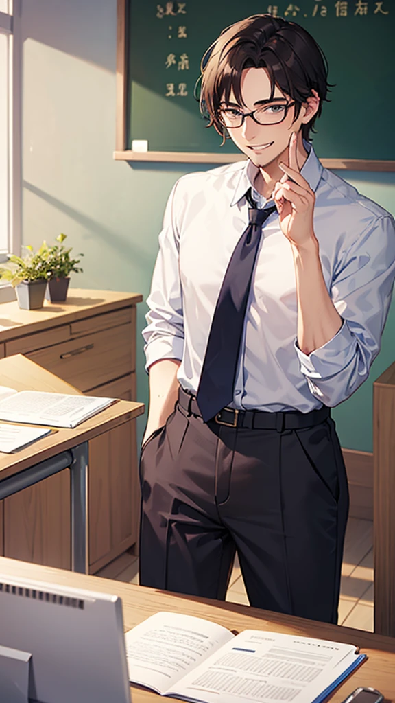 male, teacher, wearing glasses,sick smile