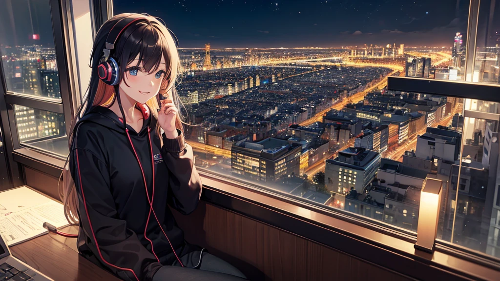 Listening to music through headphones、Smiling woman、Beautiful city from the window、Night view