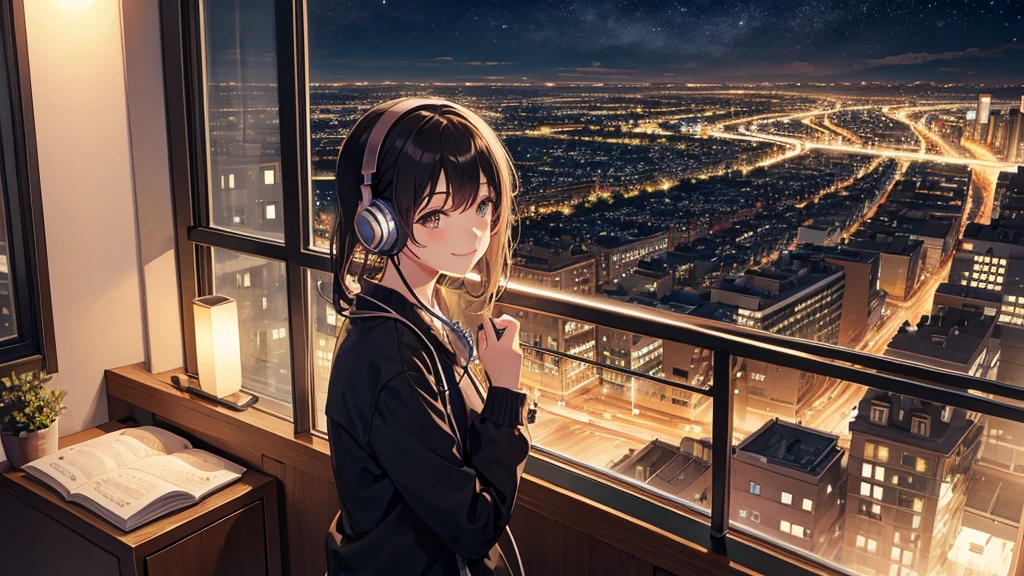 Listening to music through headphones、Smiling woman、Beautiful city from the window、Night view