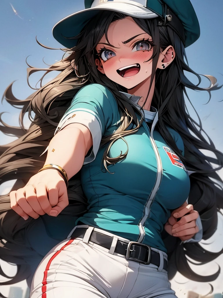 a young woman, wearing a baseball uniform, hit the ball just right, sweating, wearing shorts