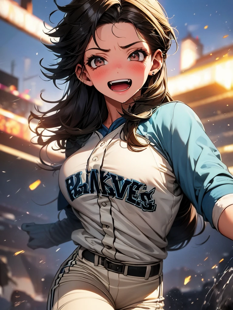 a young woman, wearing a baseball uniform, hit the ball just right, sweating, wearing shorts