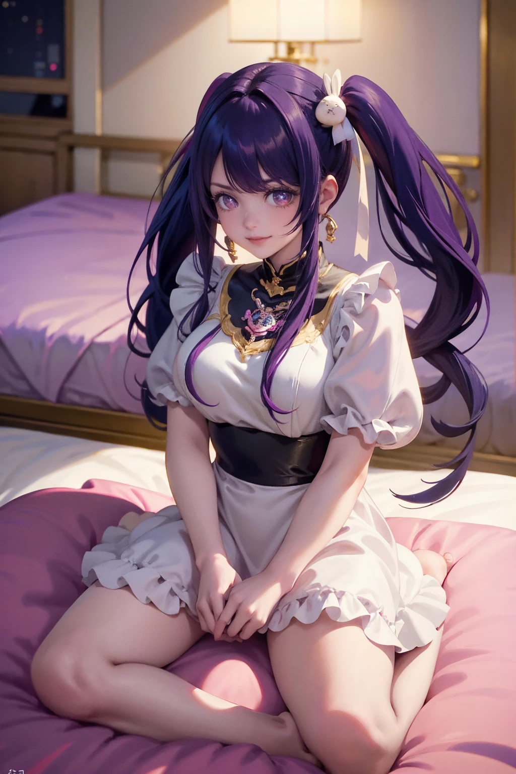 1girl, There hoshino_(Oshi no Ko), centered girl, perfectly body, perfectly hands, solo, jewelry, holding a stuffed toy rabbit, white roses, ornament hair, twintails, rabbit jewel on her hair, purple hair, long hair, seat on a bed, white dress, pink gloves, idol dress, oriental architecture, traditional Japanese design home, japanese style, dress, more details on her clothes, golden details, night, smiling, a black note on her hand