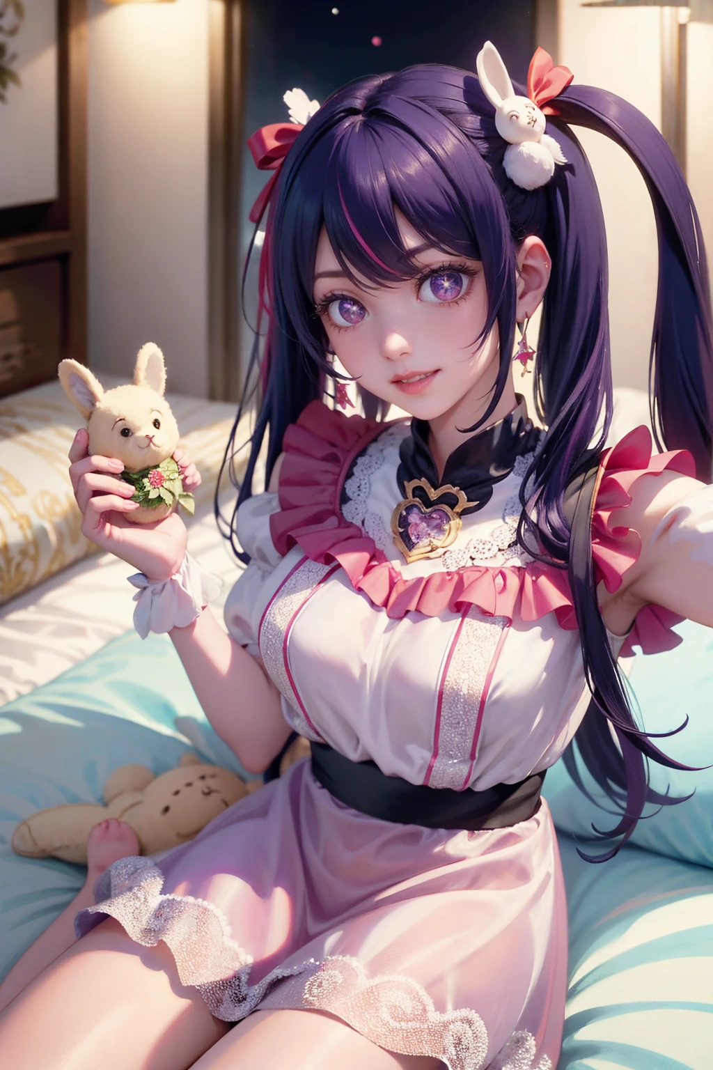 1girl, There hoshino_(Oshi no Ko), centered girl, perfectly body, perfectly hands, solo, jewelry, holding a stuffed toy rabbit, white roses, ornament hair, twintails, rabbit jewel on her hair, purple hair, long hair, seat on a bed, white dress, pink gloves, idol dress, oriental architecture, traditional Japanese design home, japanese style, dress, more details on her clothes, golden details, night, smiling, a black note on her hand