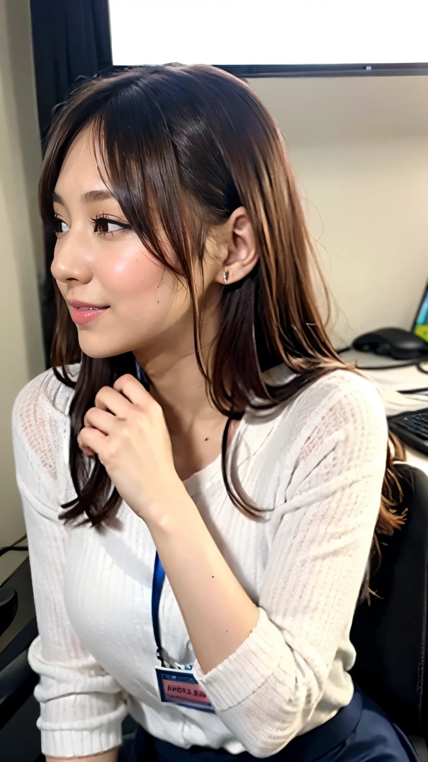(Woman in office:1.3、The background is the office)(Realistic、Like a photograph、Live Action、8k, Realistic, RAW Photos, Best image quality: 1.4), Single-lens reflex camera、RAW Photos, Highest quality, Realistic, Very detailedな CG Unity 8k 壁紙, Written boundary depth, Cinematic Light, Lens flare, Ray Tracing, Realistic background、(Black long sleeve blouse:1.4、Mermaid Skirt:1.1，Long skirt:1.1、Small breasts:1.37、((Wear a name tag around your neck)))、((ultra high density skin))、 1 female,Cute Japanese Woman、Japanese office lady at work、((whole body:1.5)，View the computer:1.1、smile、Pink inner color hair、Long Hair:1.2、Half Up Hair、I like that style、stylish、Very detailed、Pay attention to the details、Perfect outfit、(Sunburned skin)、Beautiful feet:1.1，Anatomically correct body、Are standing、Side view