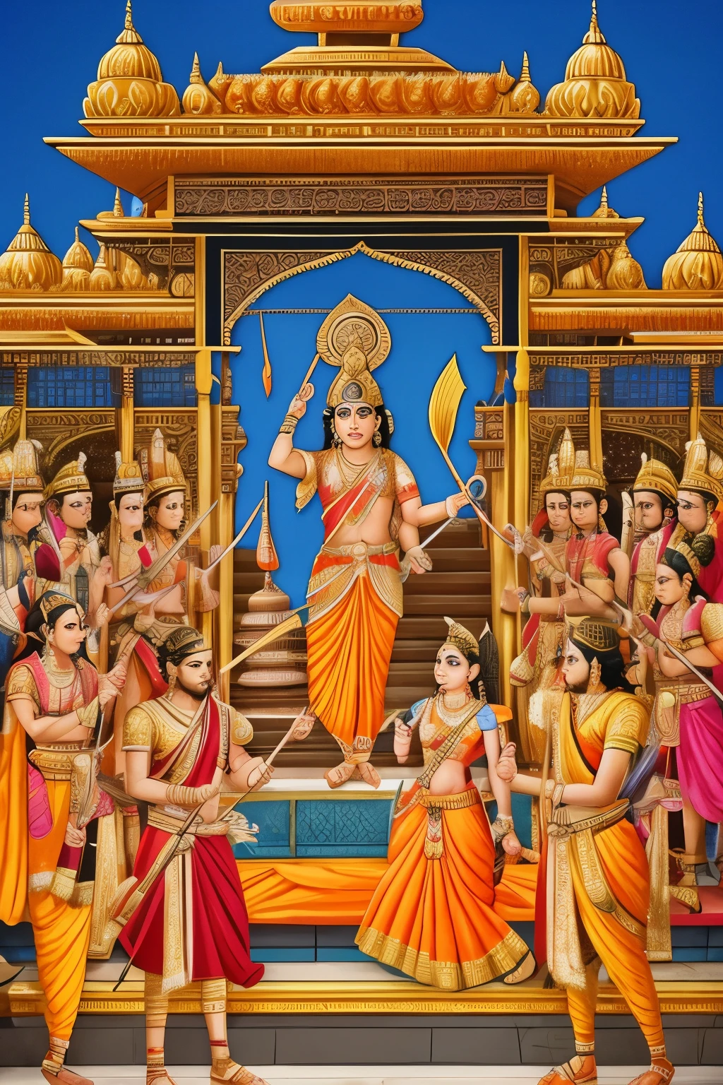 Indian hindu king lord ram with bow and arrow, goddess sita wearing orange saree, lord lakshman with bow and arrow, standing in front of a beautiful palace, surrounded by many people