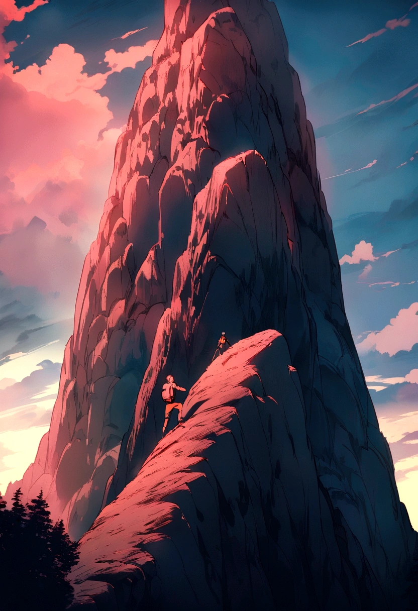 Determined and courageous person facing challenges, climbing a mountain. The person's expression must be one of confidence and courage. Include visual elements that represent obstacles and overcoming, and use a color palette that evokes strength and determination.