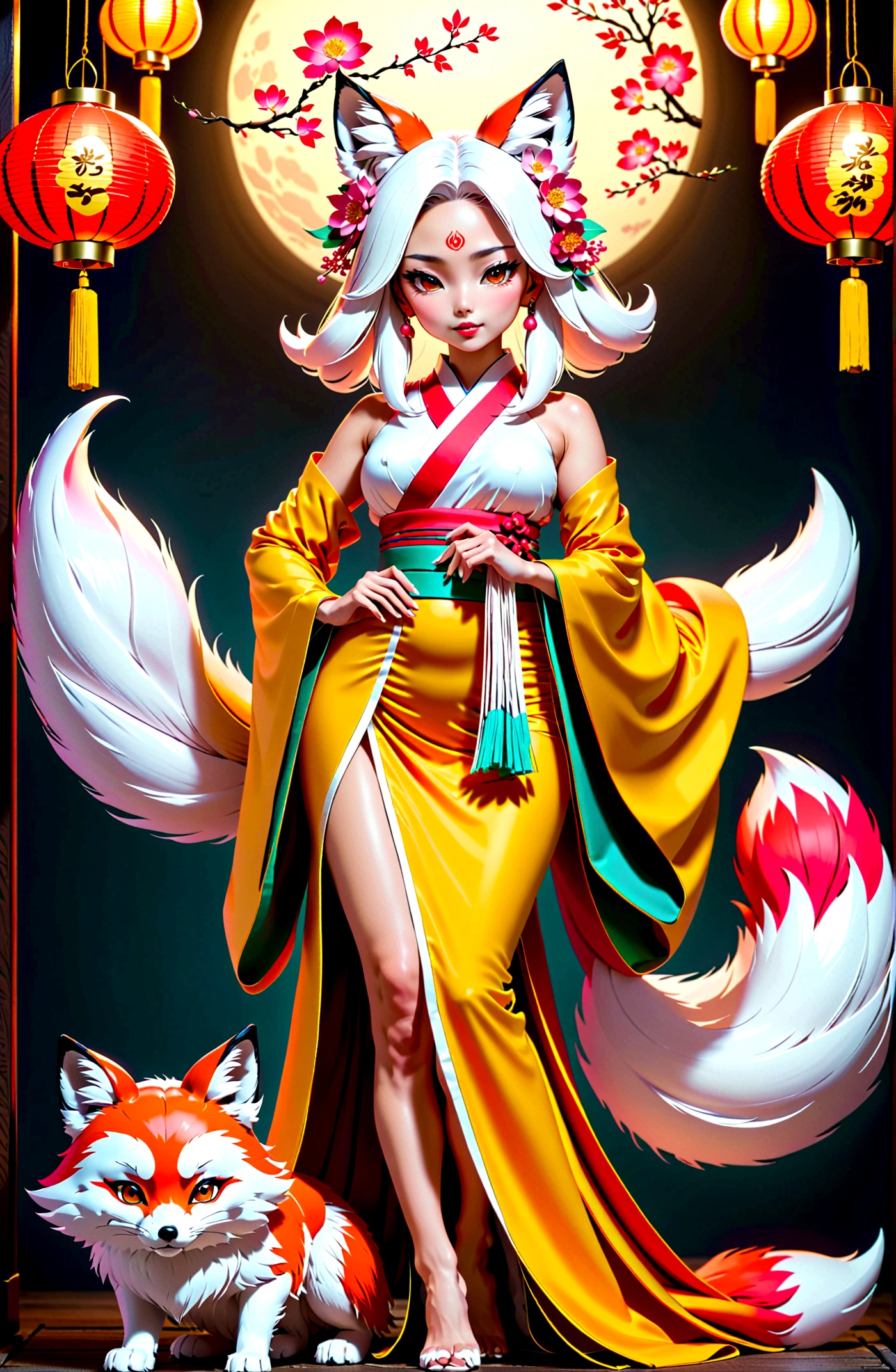 Masterpiece, best quality, full body shot (head and feet in the frame)(highly precise drawing down to the smallest detail)(extremely precise representation)a breathtakingly beautiful japanese yokai kitsune (fox goddess)accompanied by white fox(very athletic human body, fox ears, more than 3 foxtails)) dressed in (in typical color representation) a hanfu clothing worthy of a goddess with a beautiful headdress, fit, small breasts, paper lanterns and peonies, very detailed images, extremely detailed, complicated details, high resolution, super complex details, mfbp1