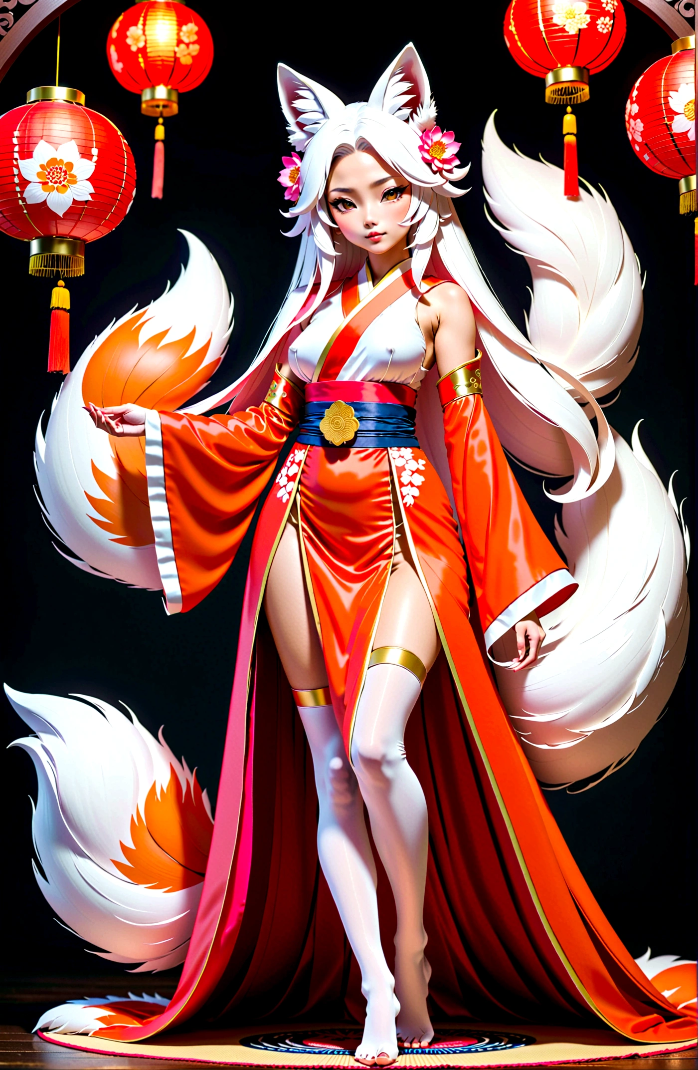 Masterpiece, best quality, full body shot (head and feet in the frame)(highly precise drawing down to the smallest detail)(extremely precise representation)a breathtakingly beautiful japanese yokai kitsune (fox goddess)accompanied by white fox(very athletic human body, fox ears, more than 3 foxtails)) dressed in (in typical color representation) a hanfu clothing worthy of a goddess with a beautiful headdress, fit, small breasts, paper lanterns and peonies, very detailed images, extremely detailed, complicated details, high resolution, super complex details, mfbp1