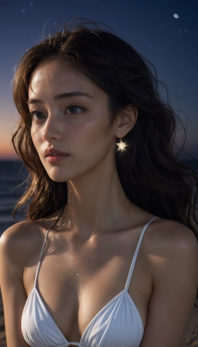 8k, masterpiece, RAW Photos, Highest quality, Realistic, Very detailed, Depth of written boundary, Cinematic Light, Anatomically correct body,
An elegant and beautiful mature woman,
Wavy black long hair, Very beautiful face, Exquisitely detailed face, Goddess-like deity々Beautiful, Glamorous Body, Very sensitive skin, Transparent white skin, Beautiful and bountiful breasts, Sexy ass, Sexy thighs,
White bikini swimsuit, Detailed cloth texture, Gorgeous necklace, Gorgeous earrings,
Starry sky background, Dark sandy beach at night, Pitch black sea surface,
Beautiful back view,