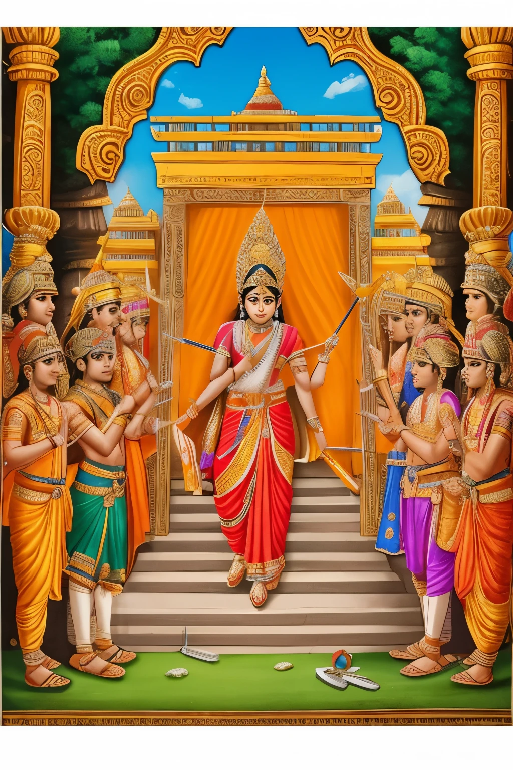 Indian hindu king lord ram with bow and arrow, goddess sita wearing orange saree, lord lakshman with bow and arrow, standing in front of a beautiful palace, surrounded by many people