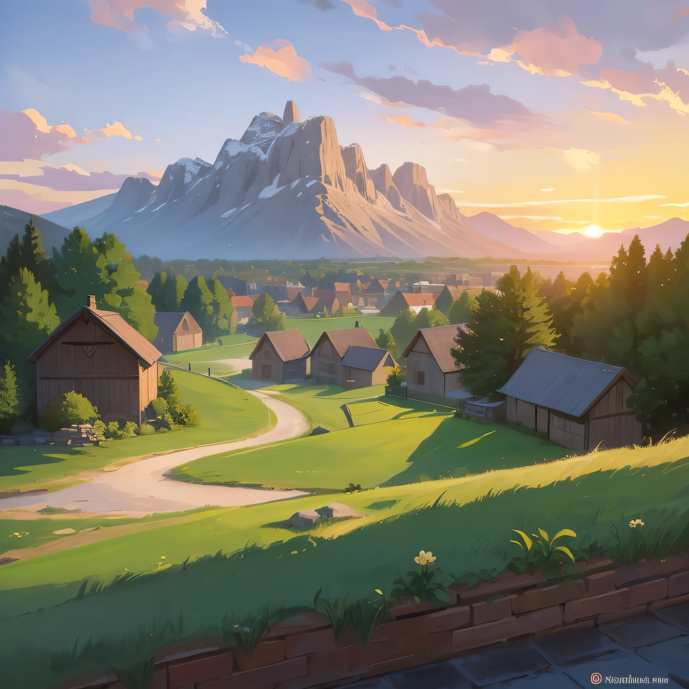 Dessin de village viking. Cabanes en bois. Landscape of a medieval town against a backdrop of mountains and sunsets. Hand-drawn digital art