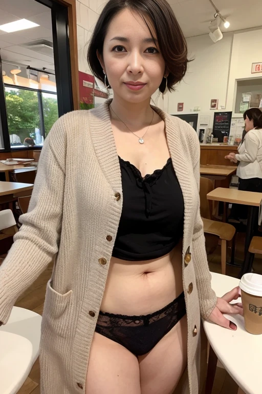 50-year-old female、Wearing only black underwear、With necklace、earrings、Tie your hair、Three women in underwear drinking coffee in cafe