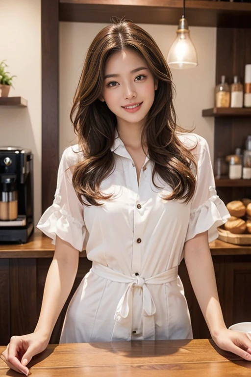 highest quality、4K、Perfect Face、Perfect Style、perfect body、Sunburn、beautiful lady、mature、long curly layer brown hair、Swept-back hair、full body, sexy 、charming、healthy、of the highest quality、8K、masutepiece、hight resolution、at the coffee shop 、Woman making delicious coffee、Looking at the camera、smile、Finish as shown in the photo、Coffee and beauty、