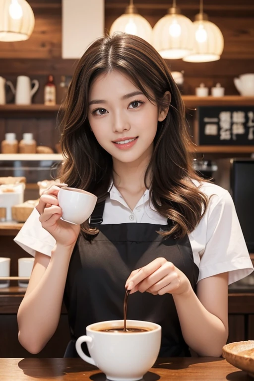 highest quality、4K、Perfect Face、Perfect Style、perfect body、Sunburn、beautiful lady、mature、long curly layer brown hair、Swept-back hair、full body, sexy 、charming、healthy、of the highest quality、8K、masutepiece、hight resolution、at the coffee shop 、Woman making delicious coffee、Looking at the camera、smile、Finish as shown in the photo、Coffee and beauty、