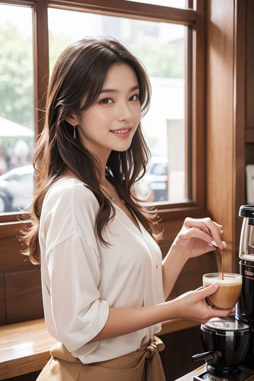 highest quality、4K、Perfect Face、Perfect Style、perfect body、Sunburn、beautiful lady、mature、long curly layer brown hair、Swept-back hair、full body, sexy 、charming、healthy、of the highest quality、8K、masutepiece、hight resolution、at the coffee shop 、Woman making delicious coffee、Looking at the camera、smile、Finish as shown in the photo、Coffee and beauty、