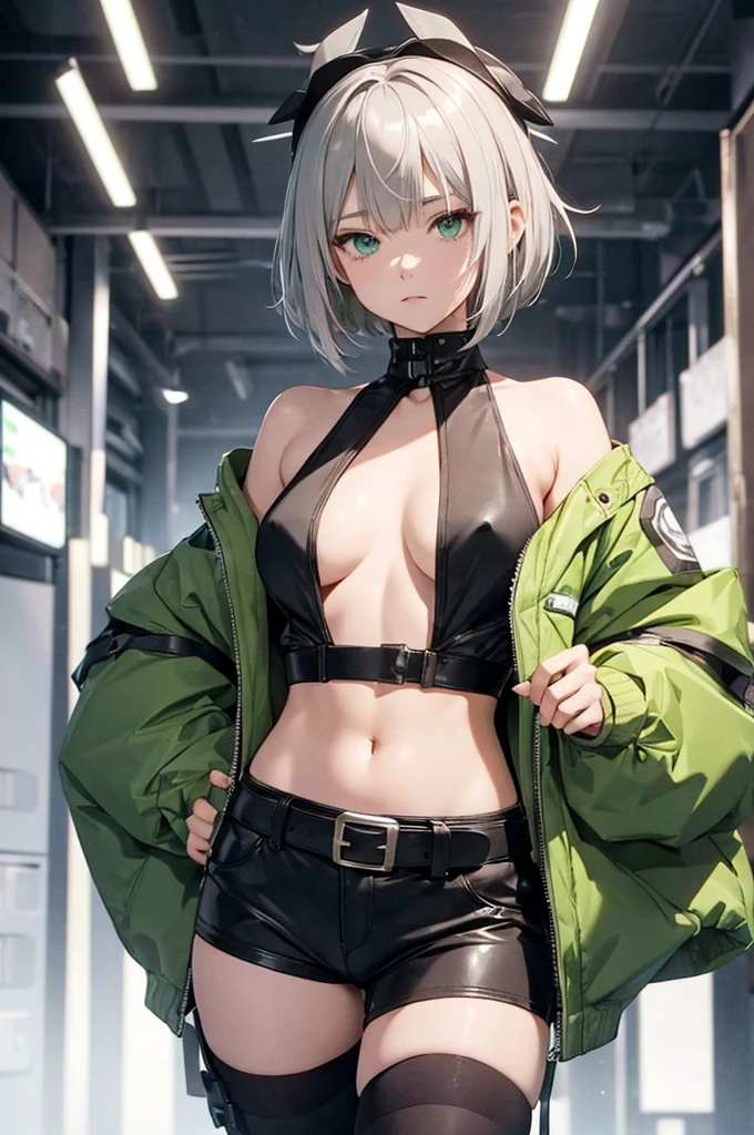 Short Hair、Confused eyes、Green Eyes、Dynamic Pose、Gray Hair、Girl、、White Hair、Habitual hair、Messy hair、Grey short hot pants、Brown belt、Revealing clothing、Navel dashi style、black long coat、Brown boots、Depict the whole body、Accurate depiction、8K quality、Green knit top、He wears black-rimmed green film goggles on his head.、Accurate depiction