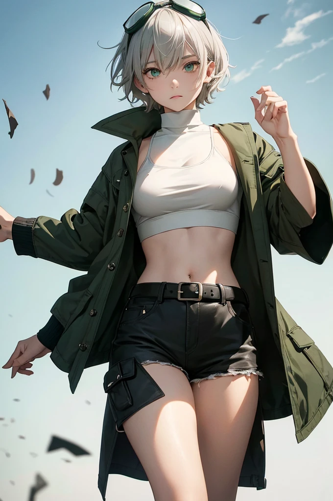 Short Hair、Confused eyes、Green Eyes、Dynamic Pose、Gray Hair、Girl、、White Hair、Habitual hair、Messy hair、Grey short hot pants、Brown belt、Revealing clothing、Navel dashi style、black long coat、Brown boots、Depict the whole body、Accurate depiction、8K quality、Green knit top、He wears black-rimmed green film goggles on his head.、Accurate depiction