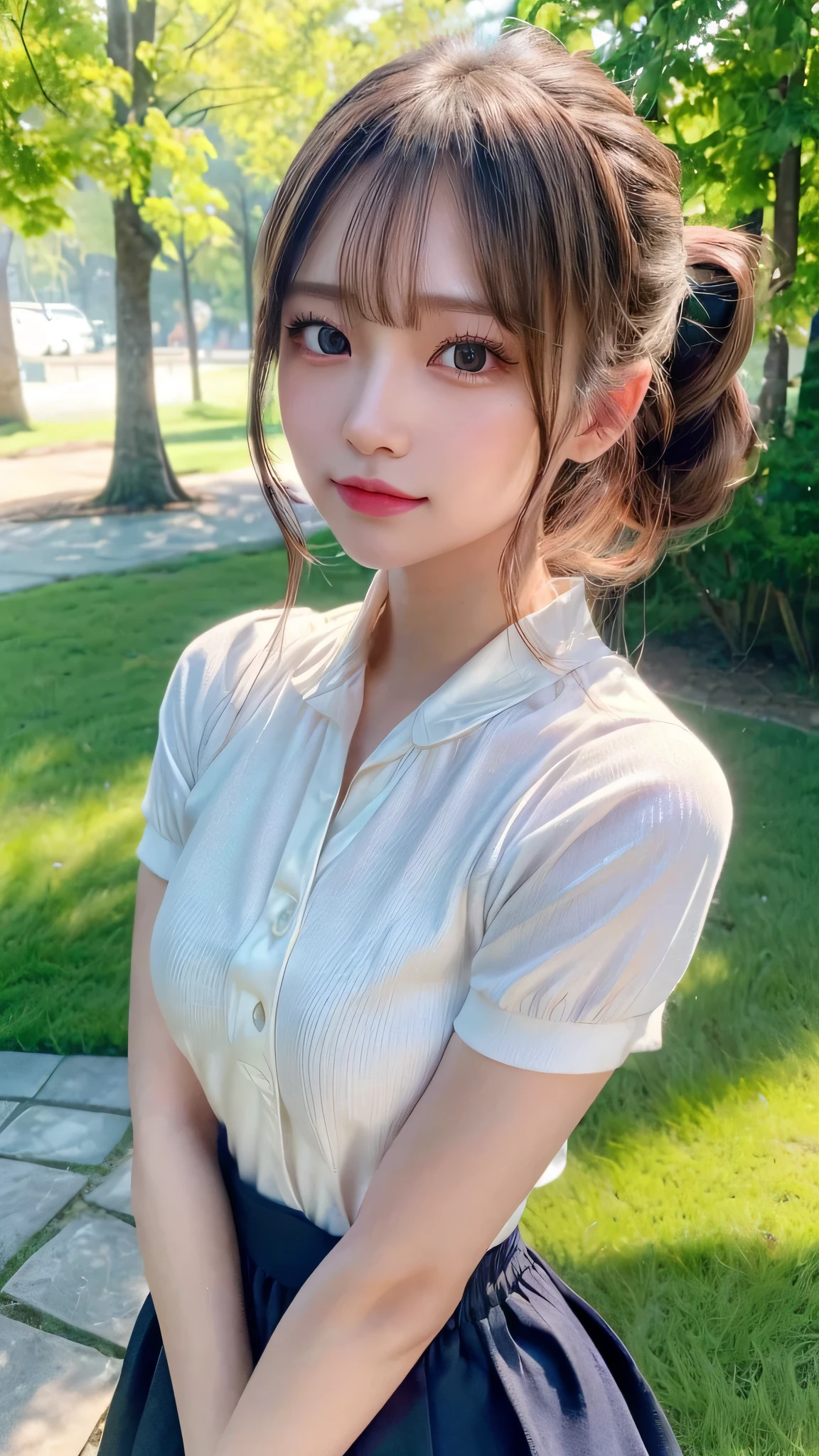 One piece with collar,outdoors,Urban Park,On the lawn,Ultra-detailed, finely detail, hight resolution, 8K Wallpaper, Perfect dynamic composition, Beautiful detailed eyes,Outdoor,Close-up of face,Outdoor,Blushing,Facing forward,,Long hair ponytail,((8k, Raw photo, Best Quality, Mastepiece:1.2), (Realism, Photorealistic:1.4), (Highly detailed 8K wallpapers), Depth of written boundary, Cinematic Lighting, Soft Light, Detailed Beauty Eye,Shiny and smooth light brown ponytail, Asymmetrical bangs, Shiny skin, Ultra-detailed skins ,It is high resolution., High detail, Detailed hairstyle, Detailed facial beauty, Hyper-realistic, Perfect limbs, Perfect Anatomy ,1 Japanese girl,Famous Japanese Idols, Perfect female body,A shy smile,Short eyelashes,Double-edged eyelids,Look straight here,Hair style: ponytail,