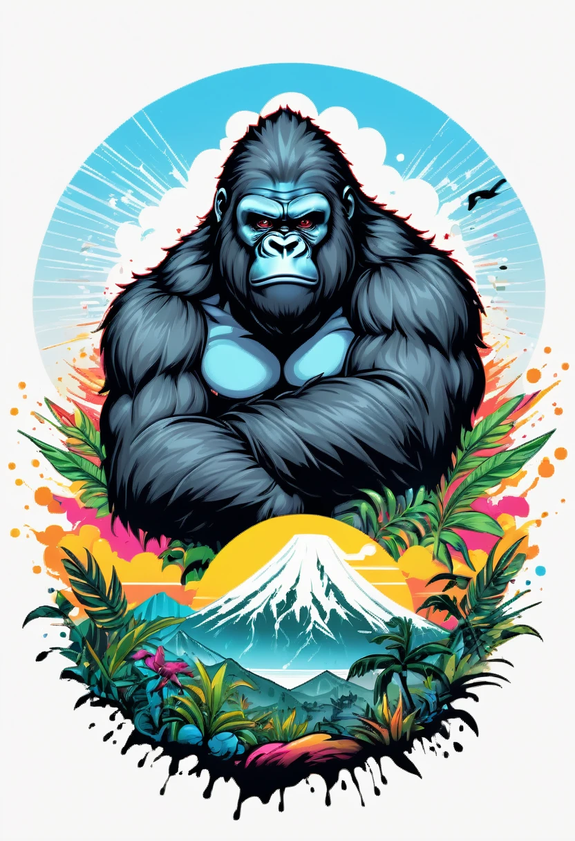 (((white background))), (((SPLASH ART))) intricately detailed t-shirt design ready for print , 2d, ONE HUGE black angry full body KING KONG in foreground Jungle mountains peeks sunset at the background, vibe detailed design for streetwear and urban style t-shirts design, pro vector, (cel-shading style:1.3), inkpunk, (ink lines:1.1), strong outlines, bold traces, high contrast, (cel-shaded:1.1), vector, 32k resolution, best quality,, flat lights,vector t-shirt art ready for print, intricate rich extremely complex ornaments illustration, extremely detailed and complex illustration, high detail, clean lines style, intricate high details, (((white plain background)))