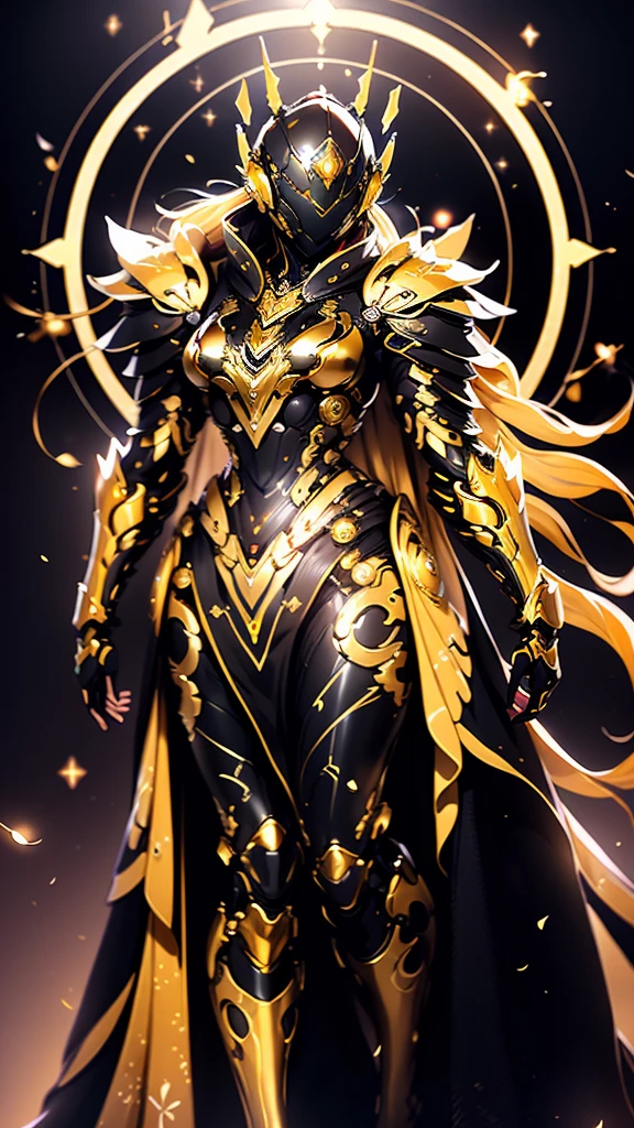 A woman adorned in fantasy-style full-body armor, a crown-concept fully enclosed helmet that unveils only her eyes, a composite layered chest plate, fully encompassing shoulder and hand guards, a lightweight waist armor, form-fitting shin guards, the overall design is heavy-duty yet flexible, (the armor gleams with a golden glow, complemented by red and blue accents), exhibiting a noble aura, she floats above a fantasy-surreal high-tech city, this character embodies a finely crafted fantasy-surreal style armored hero in anime style, exquisite and mature manga art style, (mixture of Queen bee and Spider concept Armor, plasma), ((Element, elegant, goddess, femminine:1.5)), metallic, high definition, best quality, highres, ultra-detailed, ultra-fine painting, extremely delicate, professional, anatomically correct, symmetrical face, extremely detailed eyes and face, high quality eyes, creativity, RAW photo, UHD, 32k, Natural light, cinematic lighting, masterpiece-anatomy-perfect, masterpiece:1.5