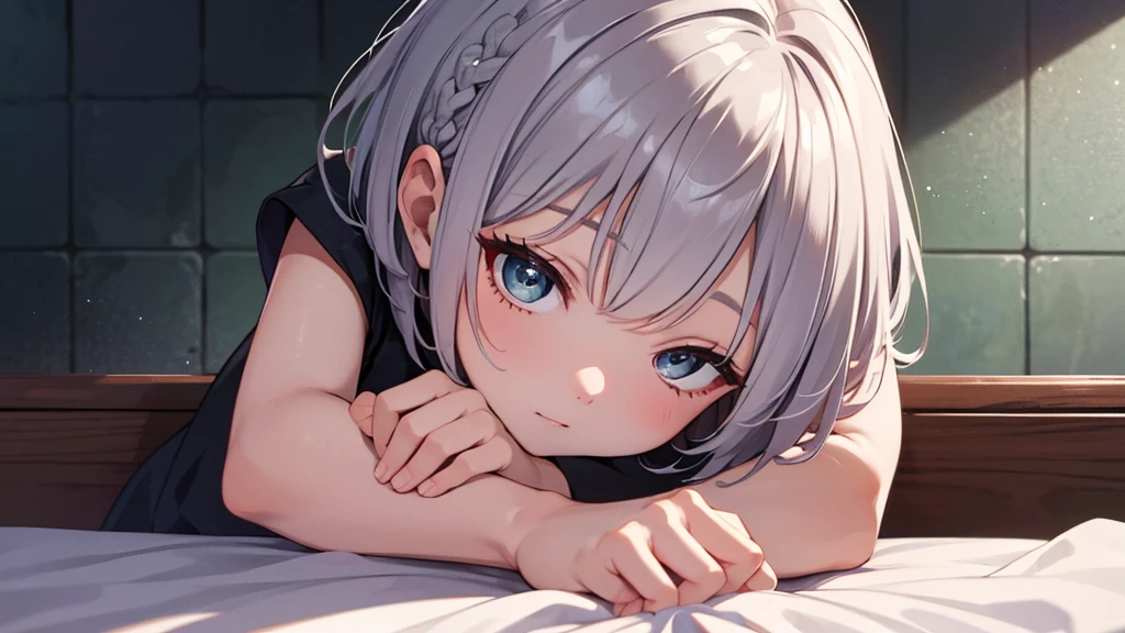 Ultra-high resolution,masterpiece, Attention to detail, Highest quality, 4K,(Silver braided short bob),(heavy chest,Captivating body、Ultra-detailed skin、Beautiful eyes、Detailed Background),1 girl、(lie face down, sleeping)、bed