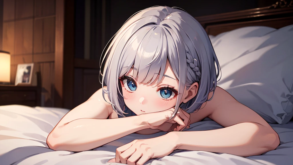 Ultra-high resolution,masterpiece, Attention to detail, Highest quality, 4K,(Silver braided short bob),(heavy chest,Captivating body、Ultra-detailed skin、Beautiful eyes、Detailed Background),1 girl、(lie face down, sleeping)、bed