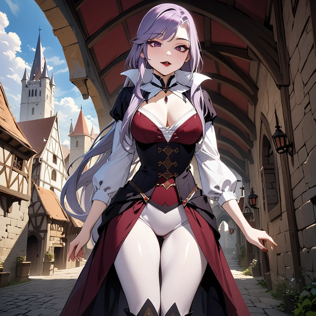 (masterpiece, best quality:1.2), 1girl, solo, Sonata, purple hair, vampire, medieval city background