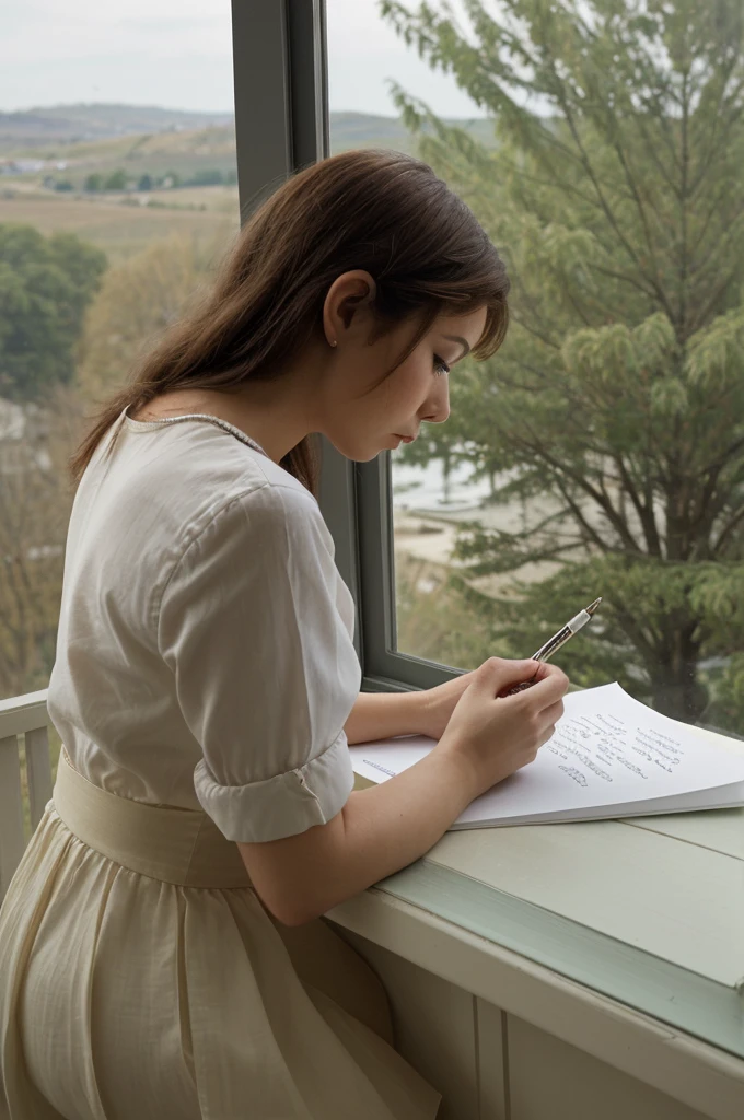 a prettiest lady writing a sad letter , side view , looking from the window to a landscape