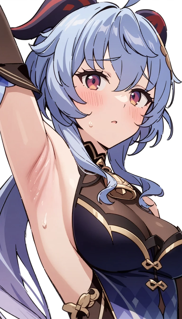(masterpiece:1.2), hyper detail, best quality, (intricate_details:1.1), beautiful detailed, beautiful hair, solo, 1girl,ANIME COLORING,GANYU \(GENSHIN IMPACT\), 1GIRL, SOLO, SBLACK GLOVES, BARE SHOULDERS, BREASTS, ELBOW GLOVES, SKETCH, NECK BELL, BLUE DRESS, ALTERNATE COSTUME, DETACHED SLEEVES,((upper body)),simple background,white background,sweating,greasy shoulder,from below,flipped hair,armpit,greasy armpit,shoulder focus,((armpit focus)),bare shoulder,upper body,((greasy armpit)),((smooth armpit)),((Detailed armpit)),((elastic armpit)),((soft armpit)),pov,((one hand flipping hair)),blush,heavy breathing,wide sleeves,large breasts,((Warm armpits)),((rosy armpit)),hot armpit