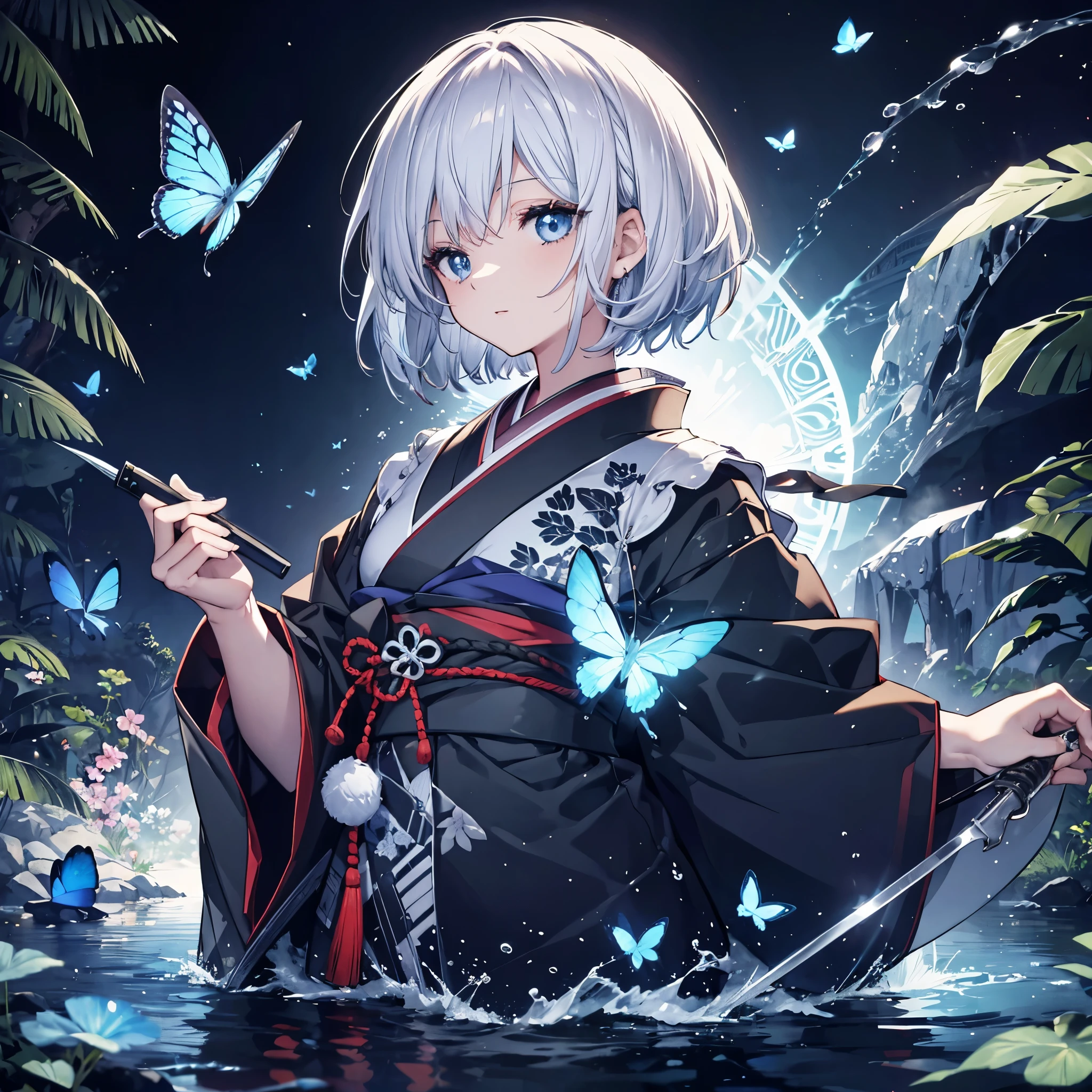 (((1 person))) ((High resolution Gray Hair short hair Black kimono Shoulder)) ((Black Band military commander Lonely despair blue eyes)) ((Blue Butterfly night Japanese style old Shining Aura garden water surface)) (dance 日本knife knife Slashing) moon star Draw your sword Slashing Catch the wind