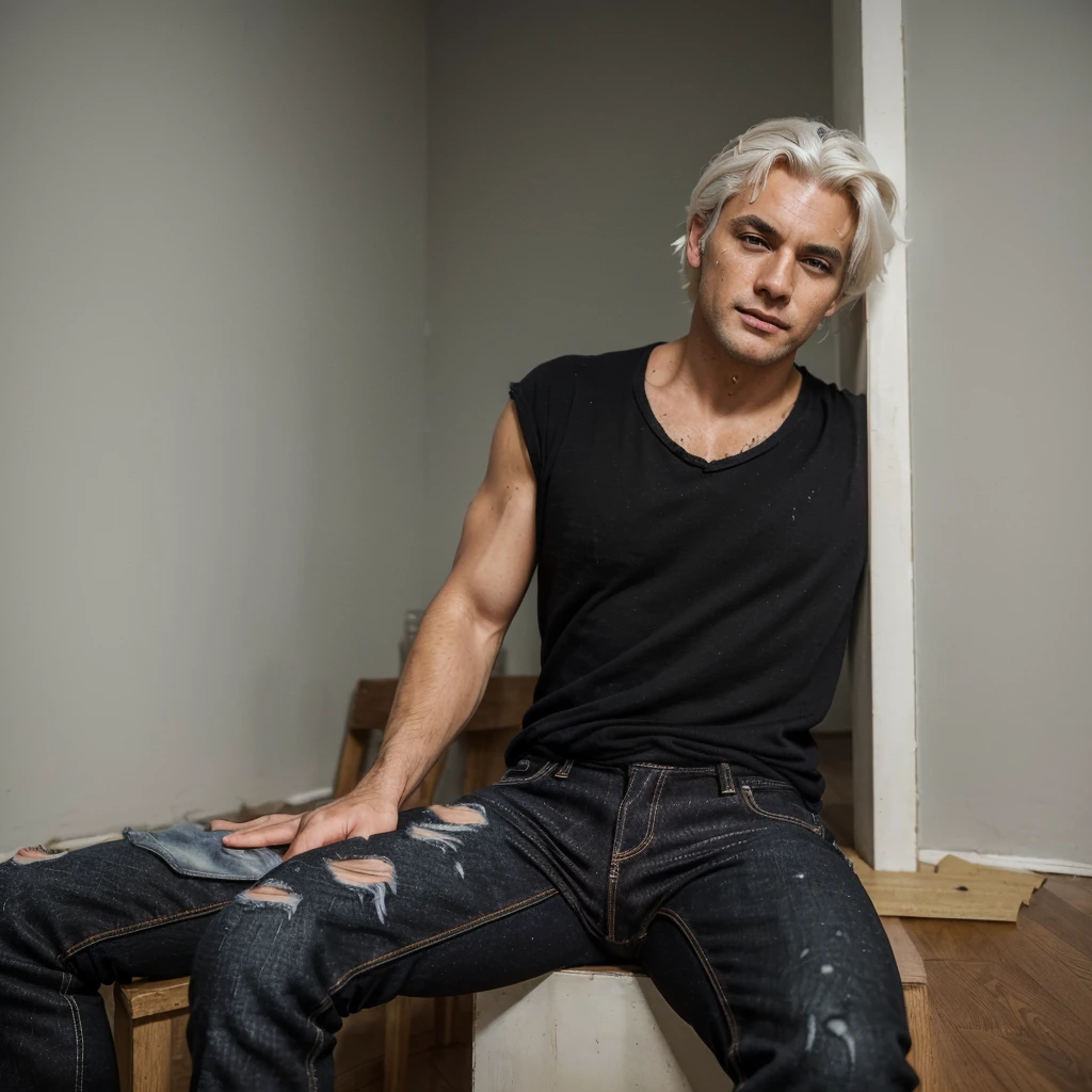 ((best quality)), ((Masterpiece)), ((realistic)), ((best quality)), ((Masterpiece)), ((realistic)), (Handsome man wearing black jeans and has messy white hair Slightly blown along the face 1.4) (Facial pain 1.5) (Sitting in the corner of room 1.4) (Open your eyes 1.3) (Show upper body 1.5), Sexซี่, Flashy, Sex, dick, masturbate, Deadly face