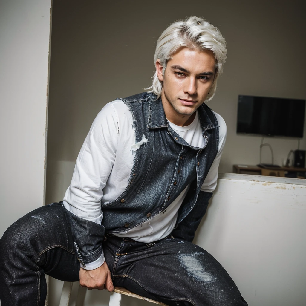 ((best quality)), ((Masterpiece)), ((best quality)), ((Masterpiece)), (Handsome man wearing black jeans and has messy white hair Slightly blown along the face 1.4) (Facial pain 1.5) (Sitting in the corner of room 1.4) (Open your eyes 1.3) (Show upper body 1.5), Sexซี่, Flashy, Sex, dick, masturbate, Deadly face