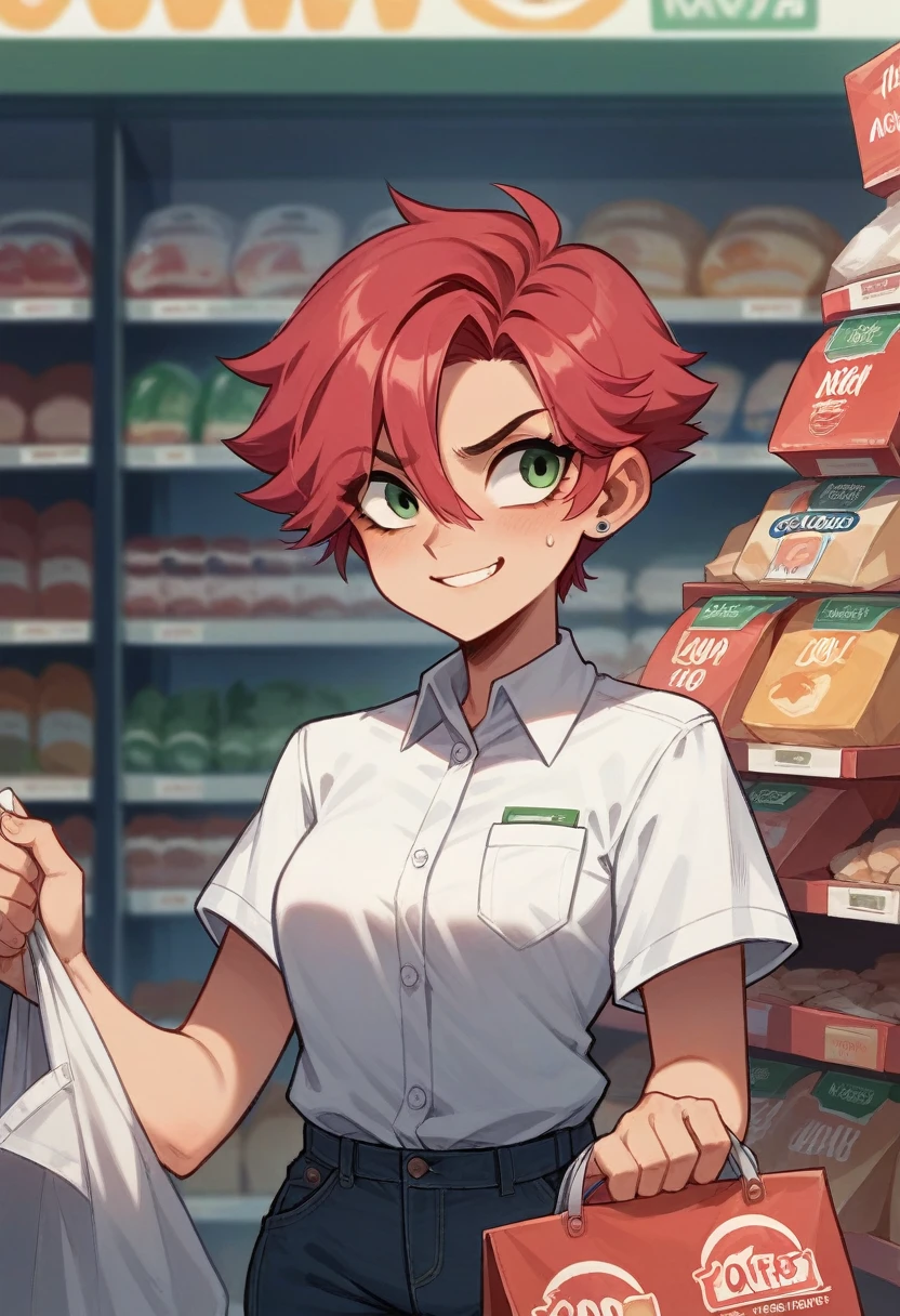 Crimson hair, short hair, tomboy, female, meek, shy, b cups, white polo tucked into black jeans, small smile, convenience store, convenience store worker, distant view

Important directions: copy image hair, copy image body, use prompt clothing, adult