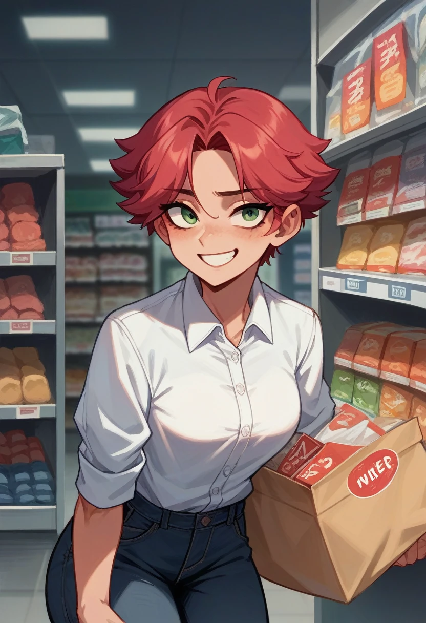 Crimson hair, short hair, tomboy, female, meek, shy, b cups, white polo tucked into black jeans, small smile, convenience store, convenience store worker, distant view
Important directions: copy image hair, copy image body, use prompt clothing, adult