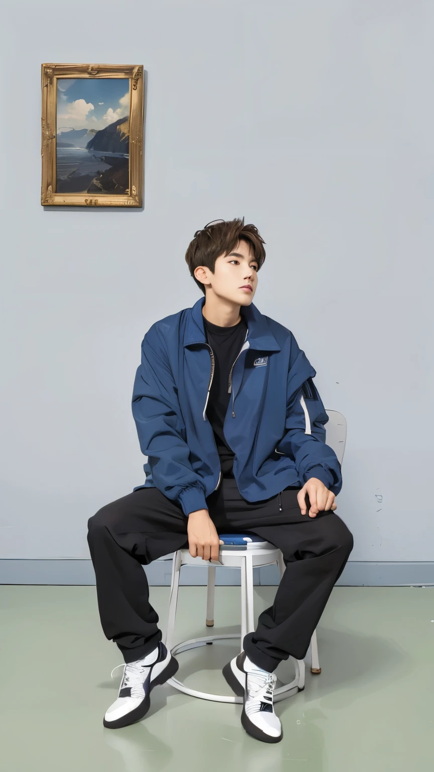 1 boy, Robi, blue jacket, brown hair, black eyes, white shoes, realistic, ultra detail, 70 mm lens,