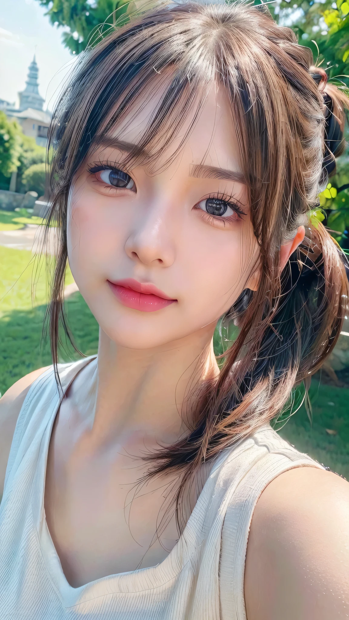 One piece with collar,outdoors,Urban Park,On the lawn,Ultra-detailed, finely detail, hight resolution, 8K Wallpaper, Perfect dynamic composition, Beautiful detailed eyes,Outdoor,Close-up of face,Outdoor,Blushing,Facing forward,,Long hair ponytail,((8k, Raw photo, Best Quality, Mastepiece:1.2), (Realism, Photorealistic:1.4), (Highly detailed 8K wallpapers), Depth of written boundary, Cinematic Lighting, Soft Light, Detailed Beauty Eye,Shiny and smooth light brown ponytail, Asymmetrical bangs, Shiny skin, Ultra-detailed skins ,It is high resolution., High detail, Detailed hairstyle, Detailed facial beauty, Hyper-realistic, Perfect limbs, Perfect Anatomy ,1 Japanese girl,Famous Japanese Idols, Perfect female body,A shy smile,Short eyelashes,Double-edged eyelids,Look straight here,Hair style: ponytail,