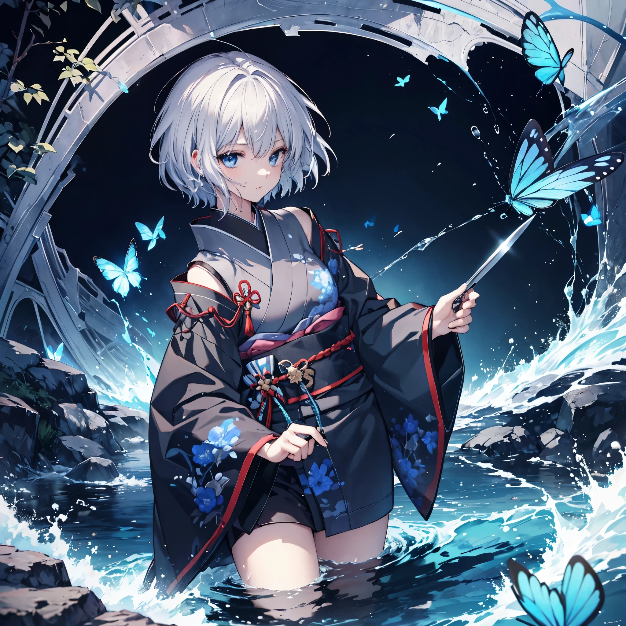 (((1 person))) ((High resolution Gray Hair short hair Black kimono Shoulder knifeを胸の前で構える)) ((Black Band samurai Military commander military commander despair blue eyes)) ((Blue Butterfly night Japanese style old Shining Aura garden water surface Catch the wind)) (dance 日本knife knife Slashing) moonlight star Draw your sword Shining Background Shining Edge