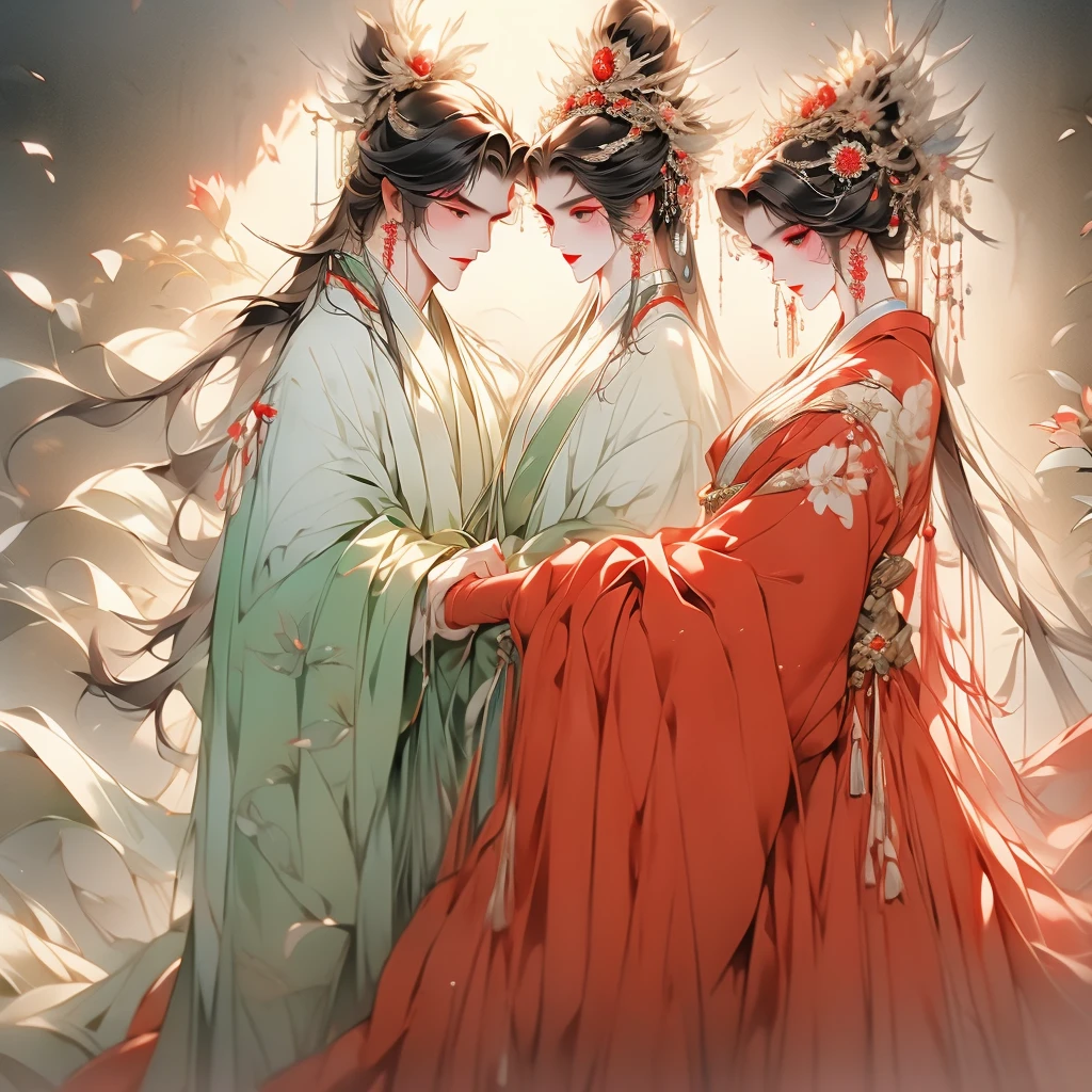 A chinese opera female and a male chinese opera singer wearing traditional coloured dressed clothes in a scene on a theater . Detailed image.Dinamic lighting.High definition.Masterpiece