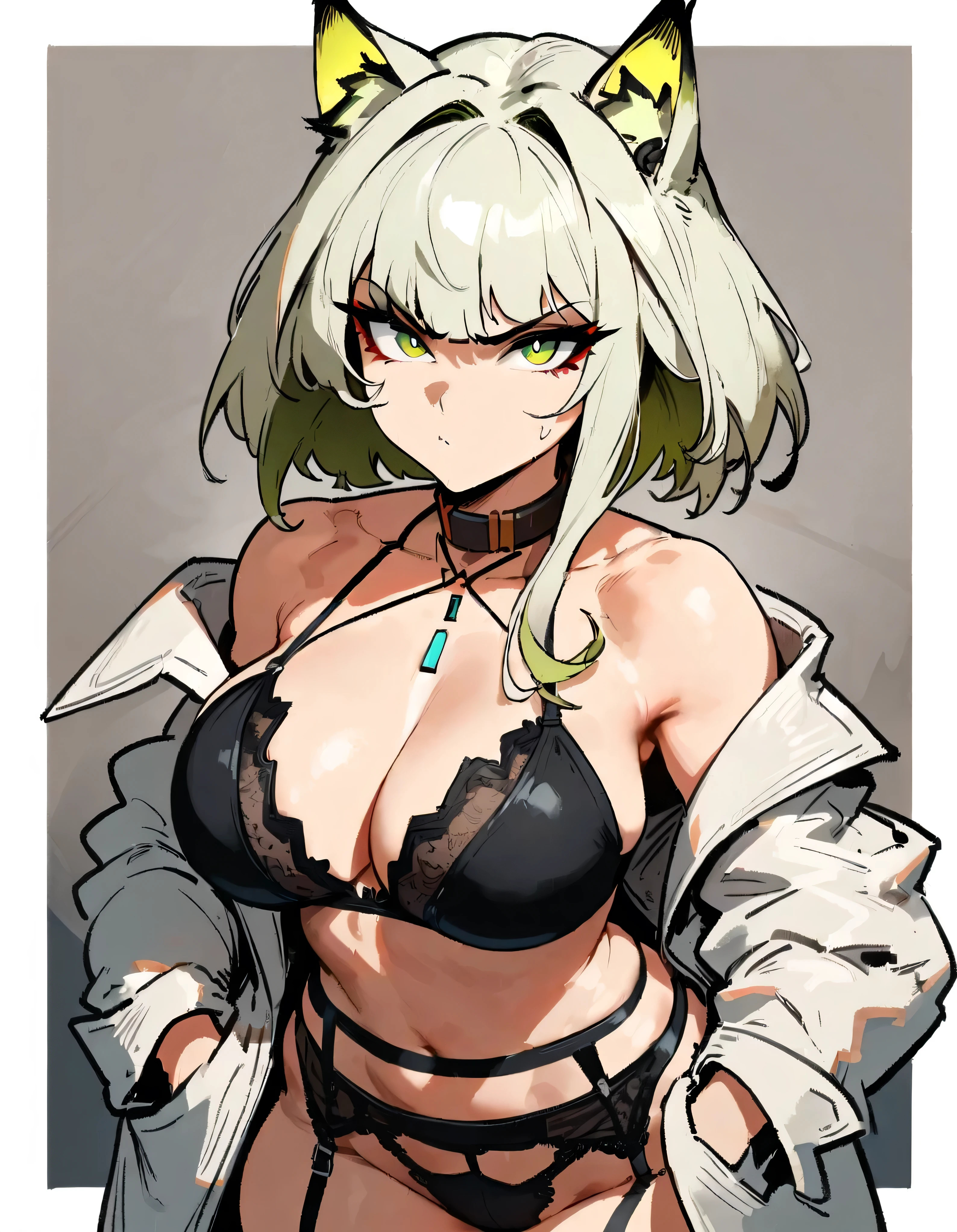 1girl, kal'tsit \(arknights\), arknights \\\\\ masterpiece, best quality, very aesthetic, absurdres, newest \\\\\\ slim body,///// ,by nyantcha,cutesexyrobutts , by khyle,,////// ,,solo,, , ,,detailed face, , ,, , , , , beautiful face, (white background:1.2), , sexy, , serious.angry, green eyes, animal ears, , , rating:nsfw,,big tits,), in the center of the frame,,, ,lingerie garter belt,, black openwork bra, wears a lab coat, hands in pockets stockings,